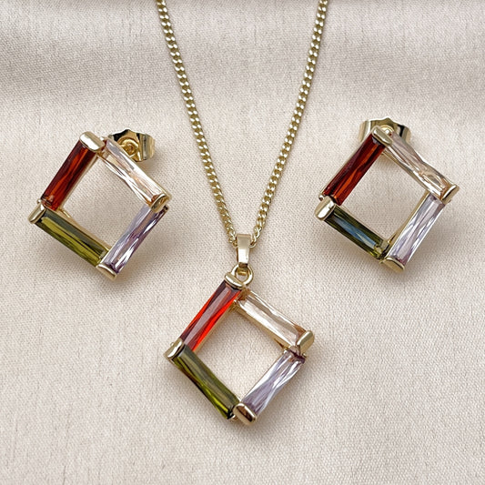 Oro Laminado Earring and Pendant Adult Set, Gold Filled Style Baguette Design, with Multicolor Cubic Zirconia, Polished, Golden Finish