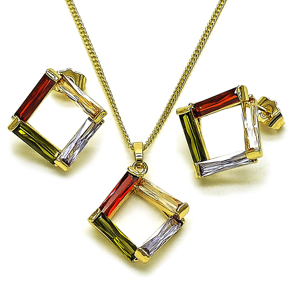 Oro Laminado Earring and Pendant Adult Set, Gold Filled Style Baguette Design, with Multicolor Cubic Zirconia, Polished, Golden Finish