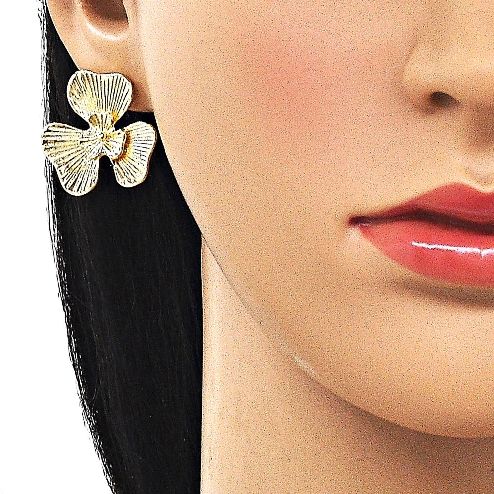Oro Laminado Stud Earring, Gold Filled Style Flower Design, Diamond Cutting Finish, Golden Finish