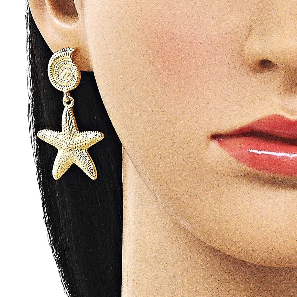 Oro Laminado Dangle Earring, Gold Filled Style Snail and Star Design, Matte Finish, Golden Finish