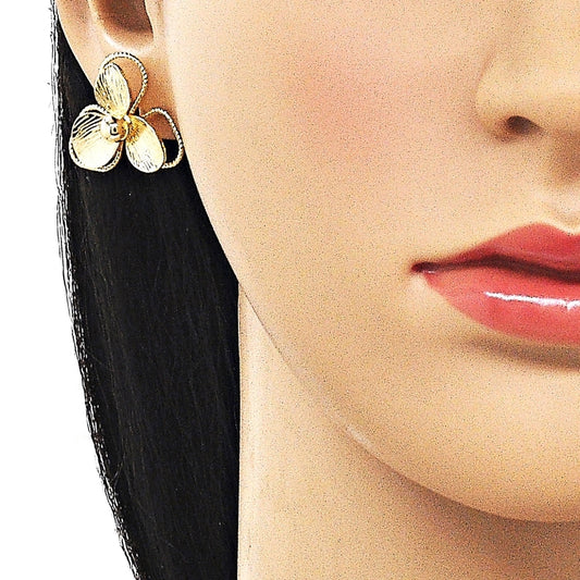 Oro Laminado Stud Earring, Gold Filled Style Flower Design, Diamond Cutting Finish, Golden Finish