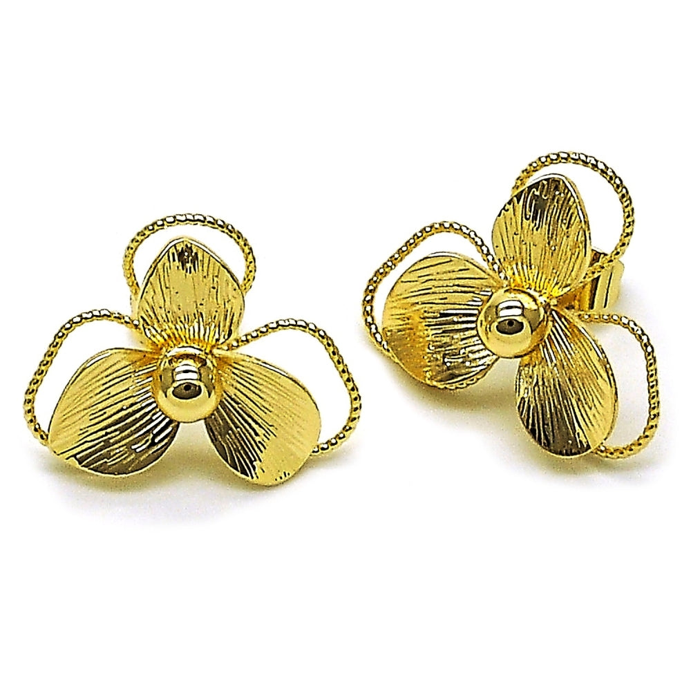 Oro Laminado Stud Earring, Gold Filled Style Flower Design, Diamond Cutting Finish, Golden Finish