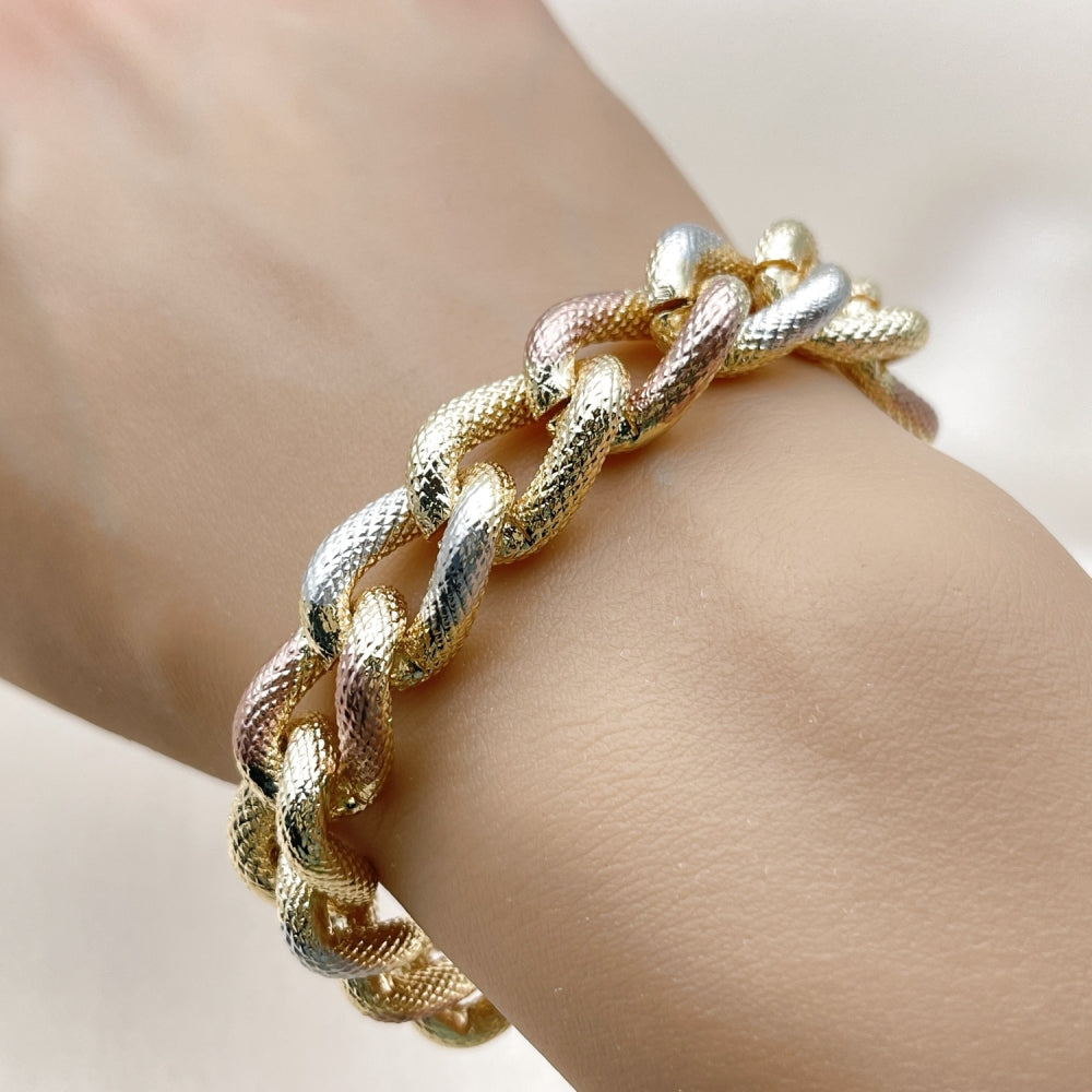 Oro Laminado Fancy Bracelet, Gold Filled Style Miami Cuban Design, Diamond Cutting Finish, Tricolor