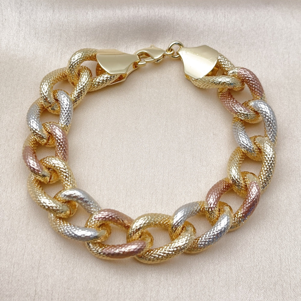 Oro Laminado Fancy Bracelet, Gold Filled Style Miami Cuban Design, Diamond Cutting Finish, Tricolor