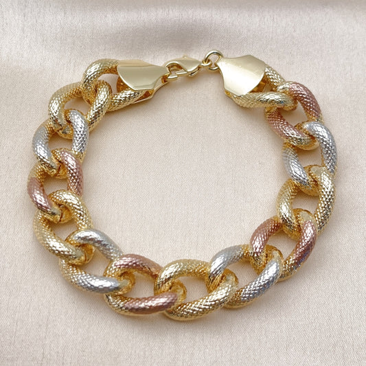 Oro Laminado Fancy Bracelet, Gold Filled Style Miami Cuban Design, Diamond Cutting Finish, Tricolor