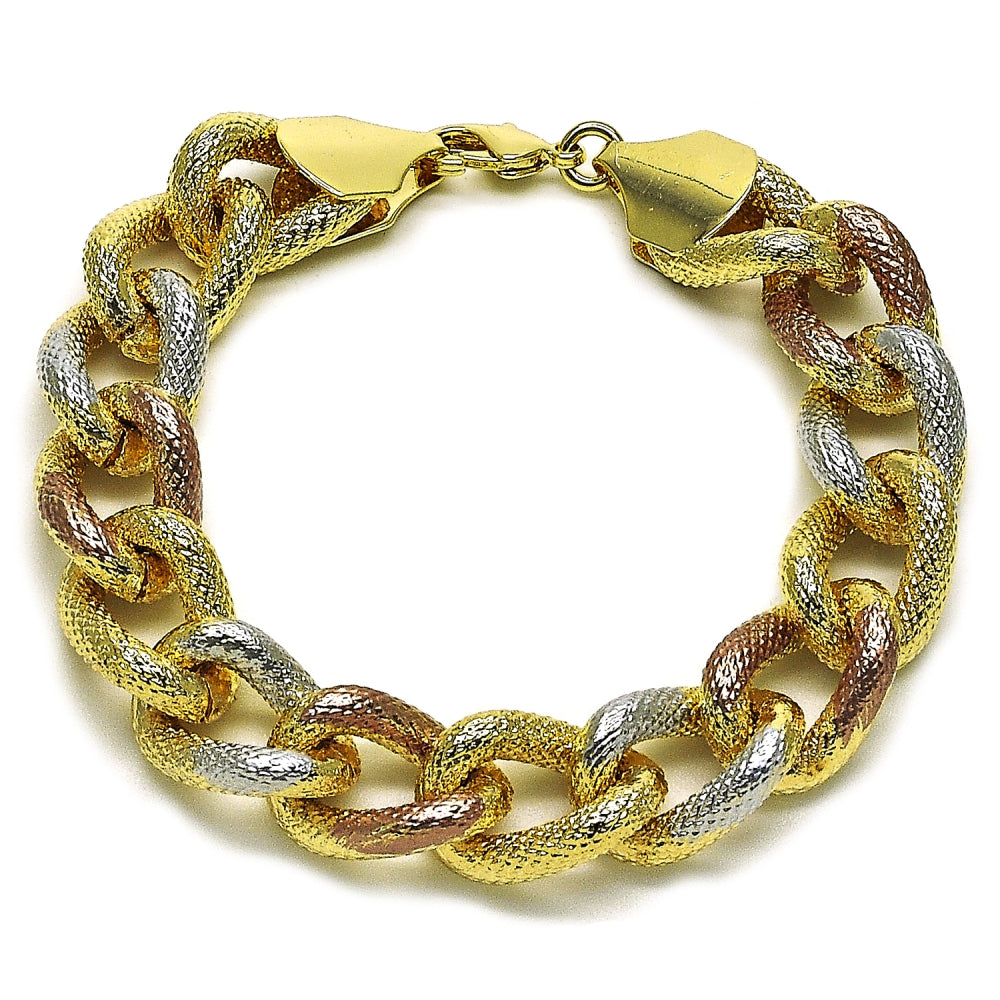 Oro Laminado Fancy Bracelet, Gold Filled Style Miami Cuban Design, Diamond Cutting Finish, Tricolor