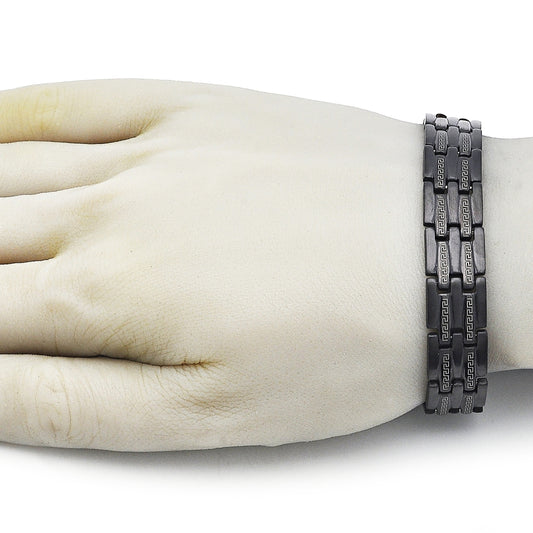 Stainless Steel Solid Bracelet, Greek Key Design, Polished, Black Rhodium Finish