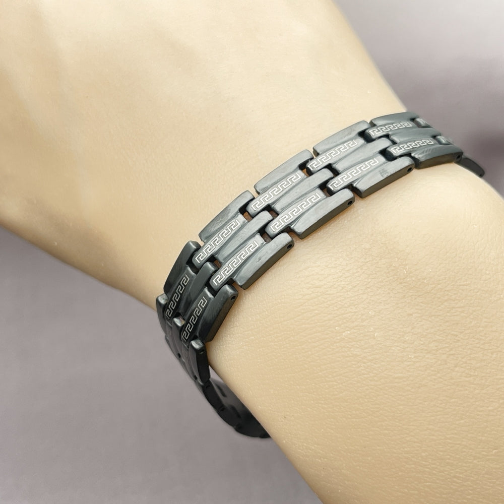 Stainless Steel Solid Bracelet, Greek Key Design, Polished, Black Rhodium Finish