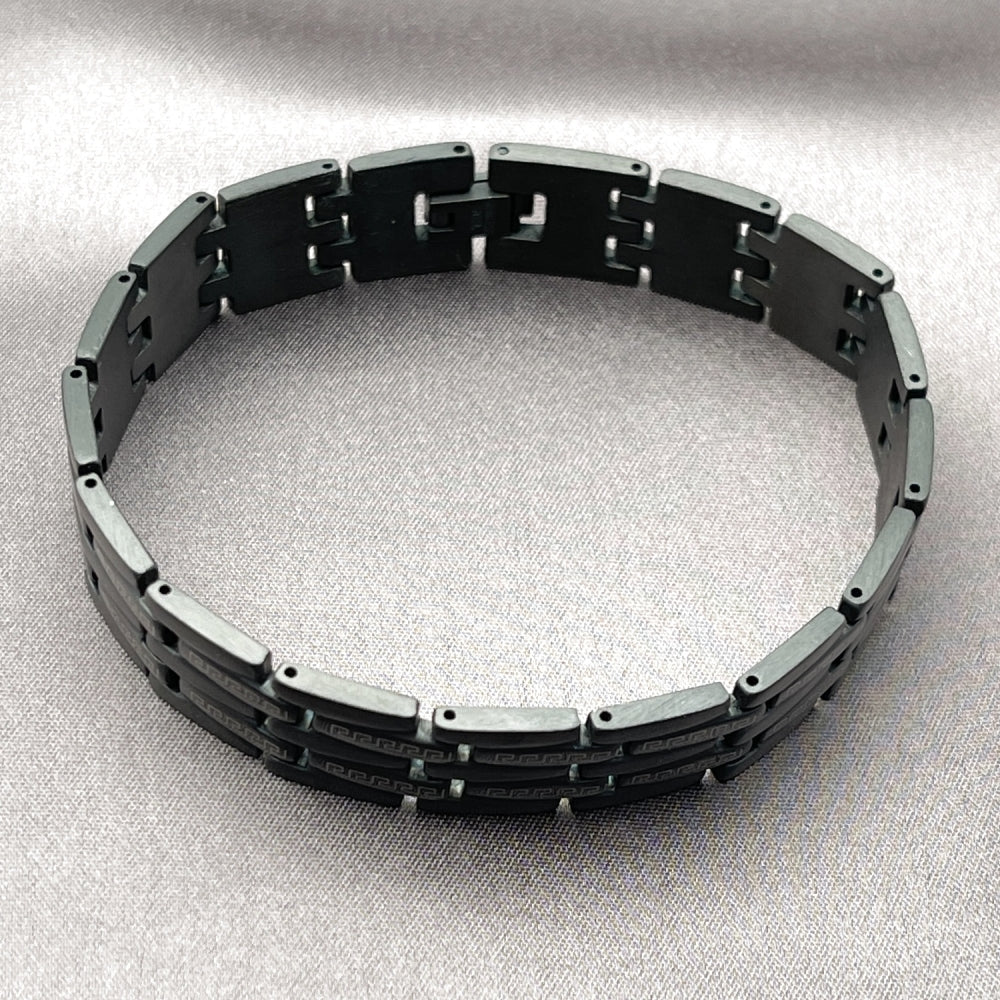 Stainless Steel Solid Bracelet, Greek Key Design, Polished, Black Rhodium Finish