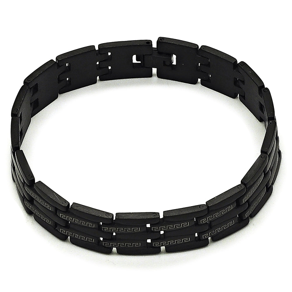 Stainless Steel Solid Bracelet, Greek Key Design, Polished, Black Rhodium Finish