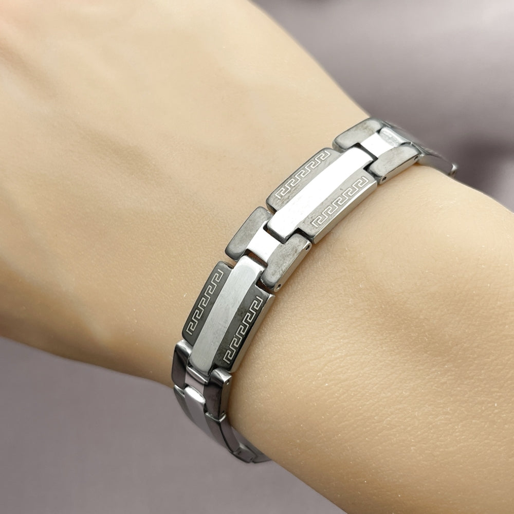 Stainless Steel Solid Bracelet, Greek Key Design, Polished, Two Tone