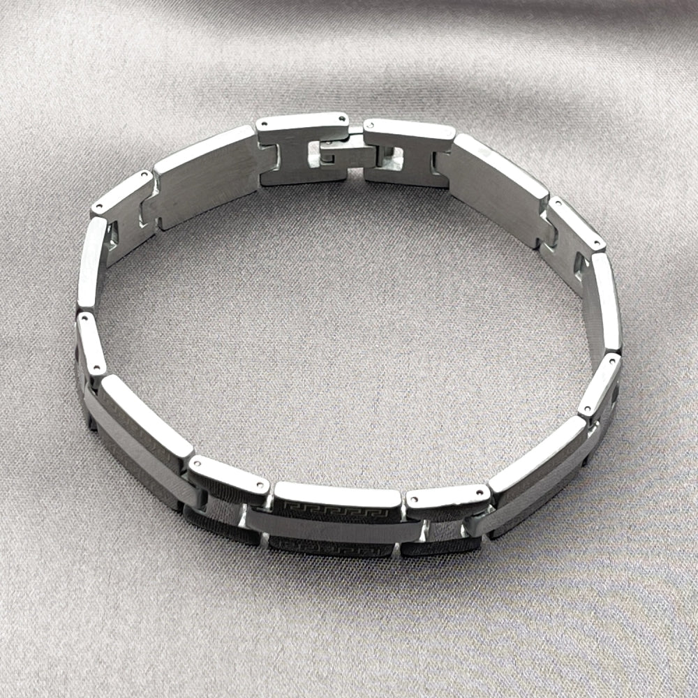 Stainless Steel Solid Bracelet, Greek Key Design, Polished, Two Tone