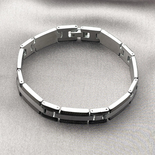 Stainless Steel Solid Bracelet, Greek Key Design, Polished, Two Tone