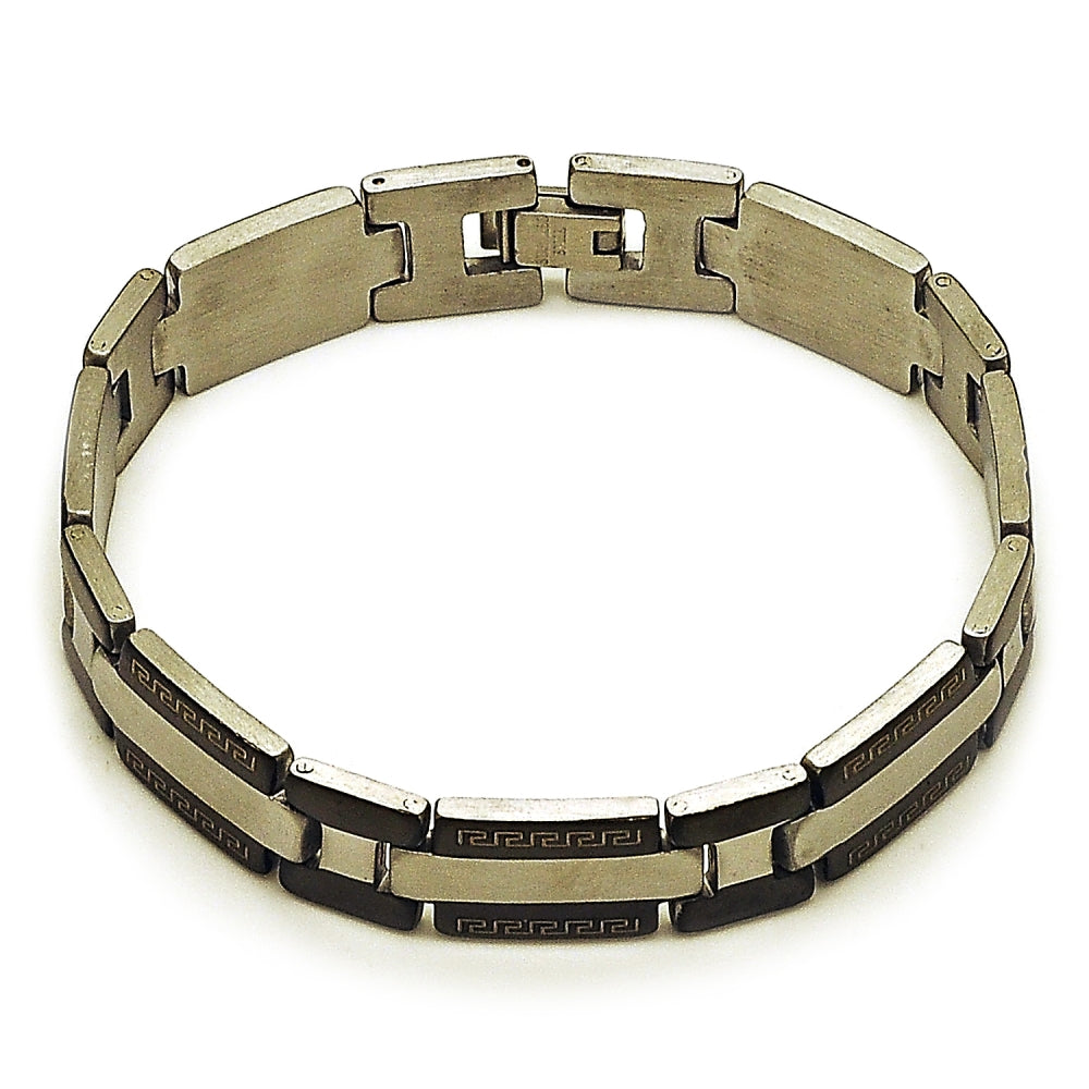 Stainless Steel Solid Bracelet, Greek Key Design, Polished, Two Tone
