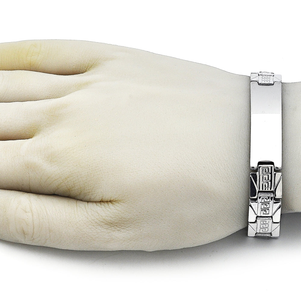 Stainless Steel Solid Bracelet, Greek Key Design, Polished, Steel Finish