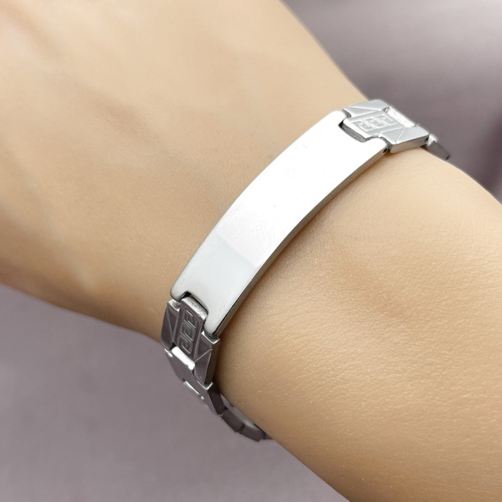 Stainless Steel Solid Bracelet, Greek Key Design, Polished, Steel Finish