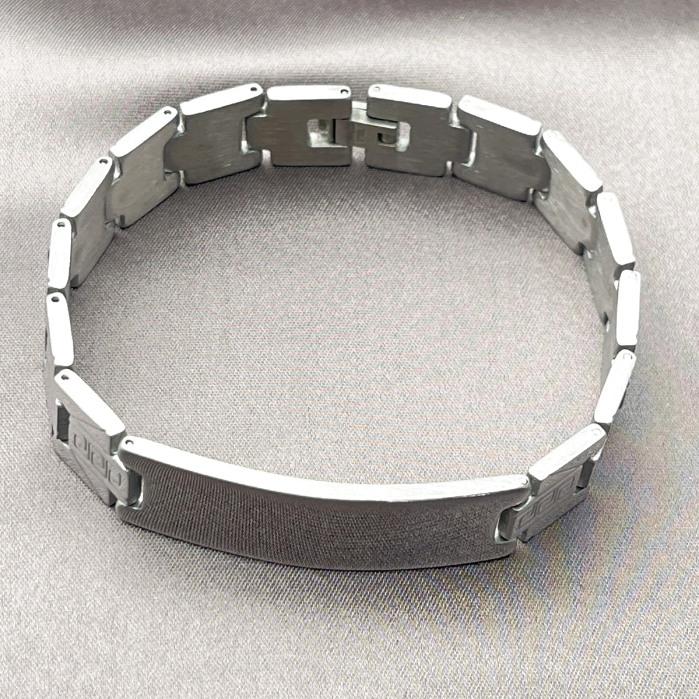 Stainless Steel Solid Bracelet, Greek Key Design, Polished, Steel Finish
