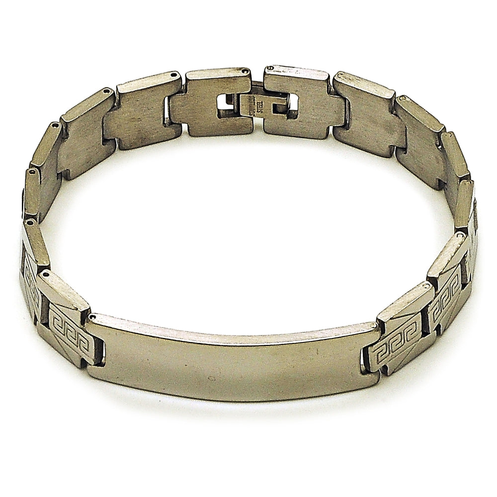 Stainless Steel Solid Bracelet, Greek Key Design, Polished, Steel Finish