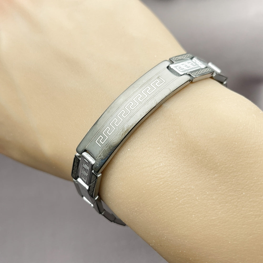 Stainless Steel Solid Bracelet, Greek Key Design, Polished, Two Tone