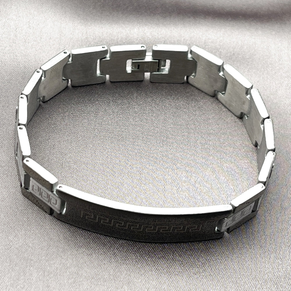 Stainless Steel Solid Bracelet, Greek Key Design, Polished, Two Tone