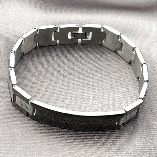 Stainless Steel Solid Bracelet, Greek Key Design, Polished, Two Tone