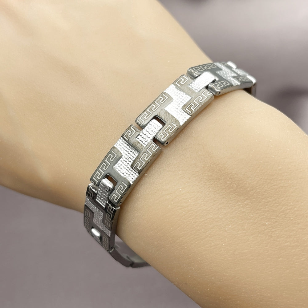 Stainless Steel Solid Bracelet, Greek Key Design, Polished, Two Tone