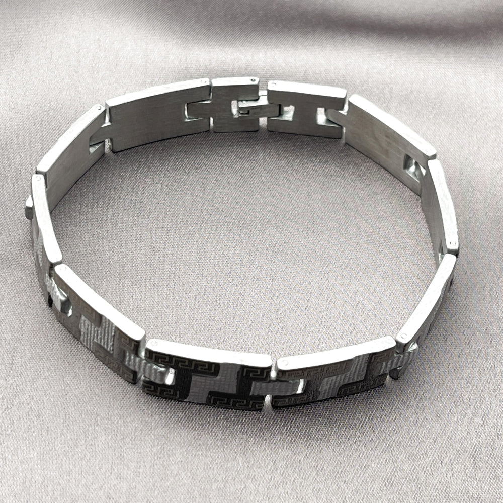 Stainless Steel Solid Bracelet, Greek Key Design, Polished, Two Tone