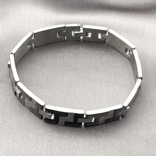 Stainless Steel Solid Bracelet, Greek Key Design, Polished, Two Tone