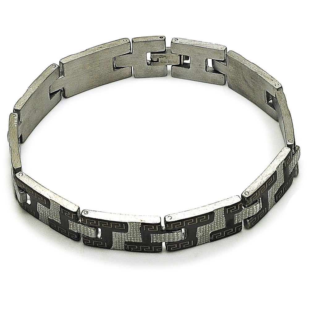 Stainless Steel Solid Bracelet, Greek Key Design, Polished, Two Tone