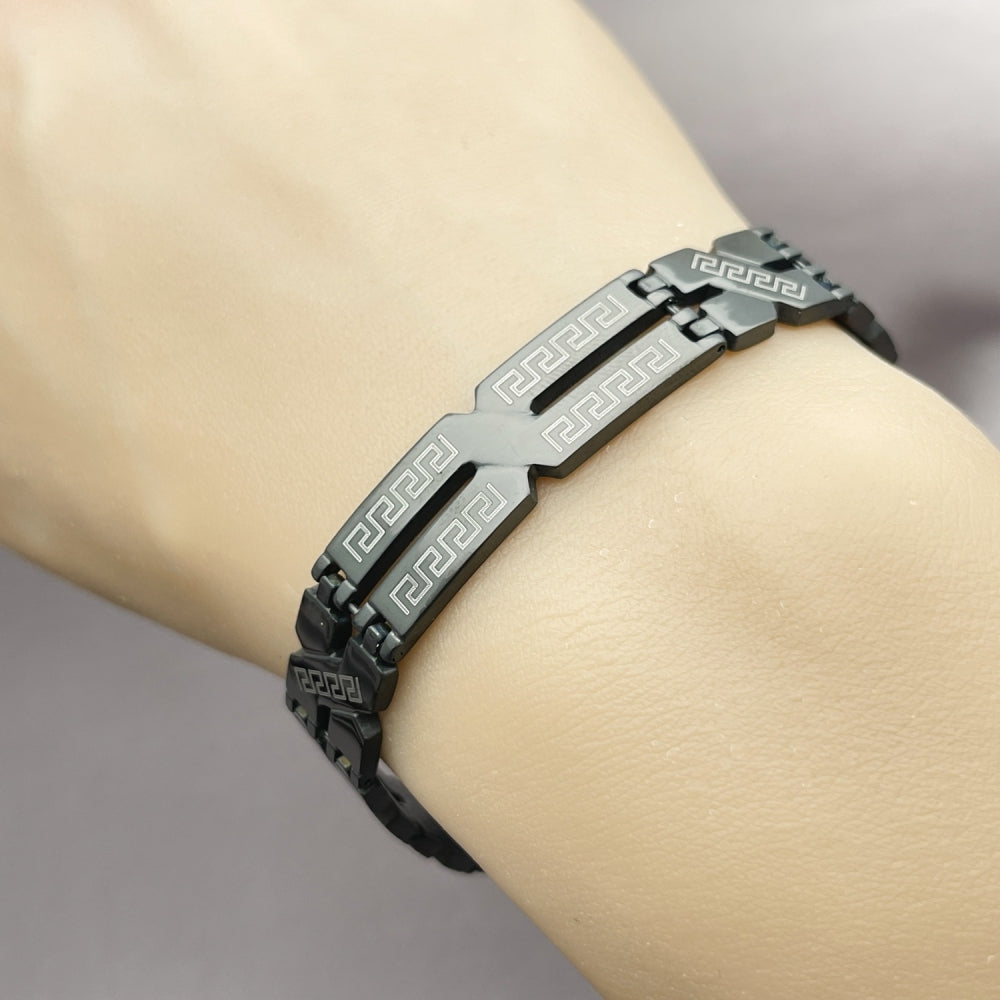 Stainless Steel Solid Bracelet, Greek Key Design, Polished, Two Tone