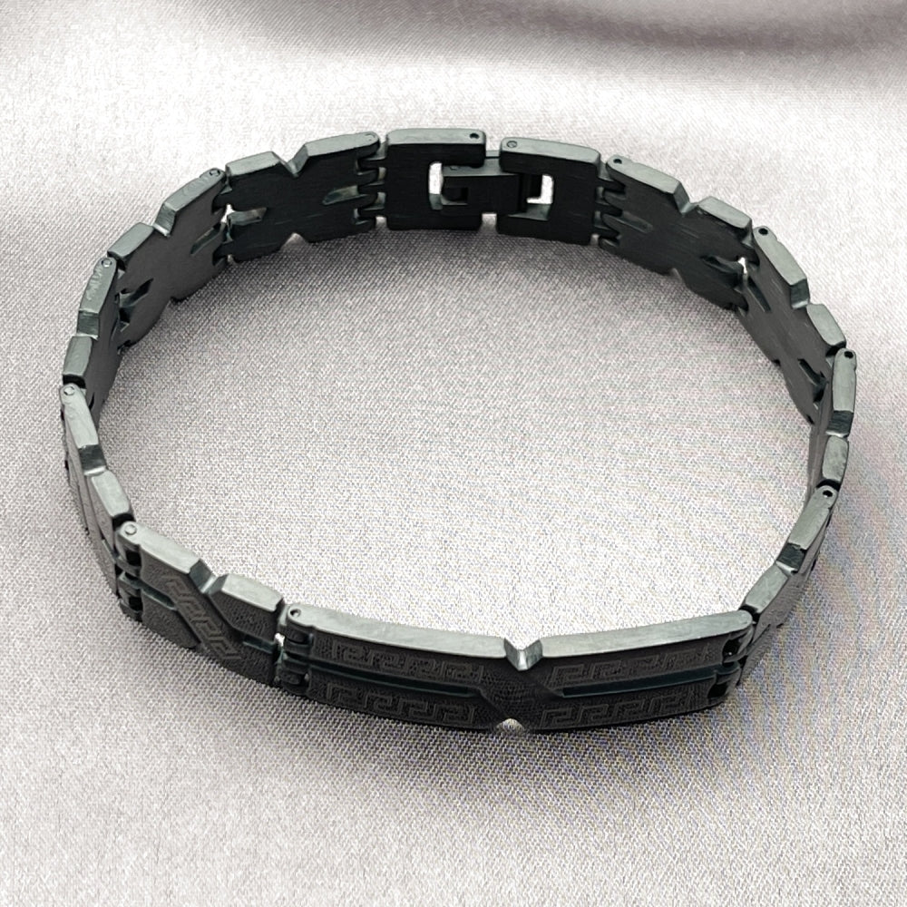 Stainless Steel Solid Bracelet, Greek Key Design, Polished, Two Tone