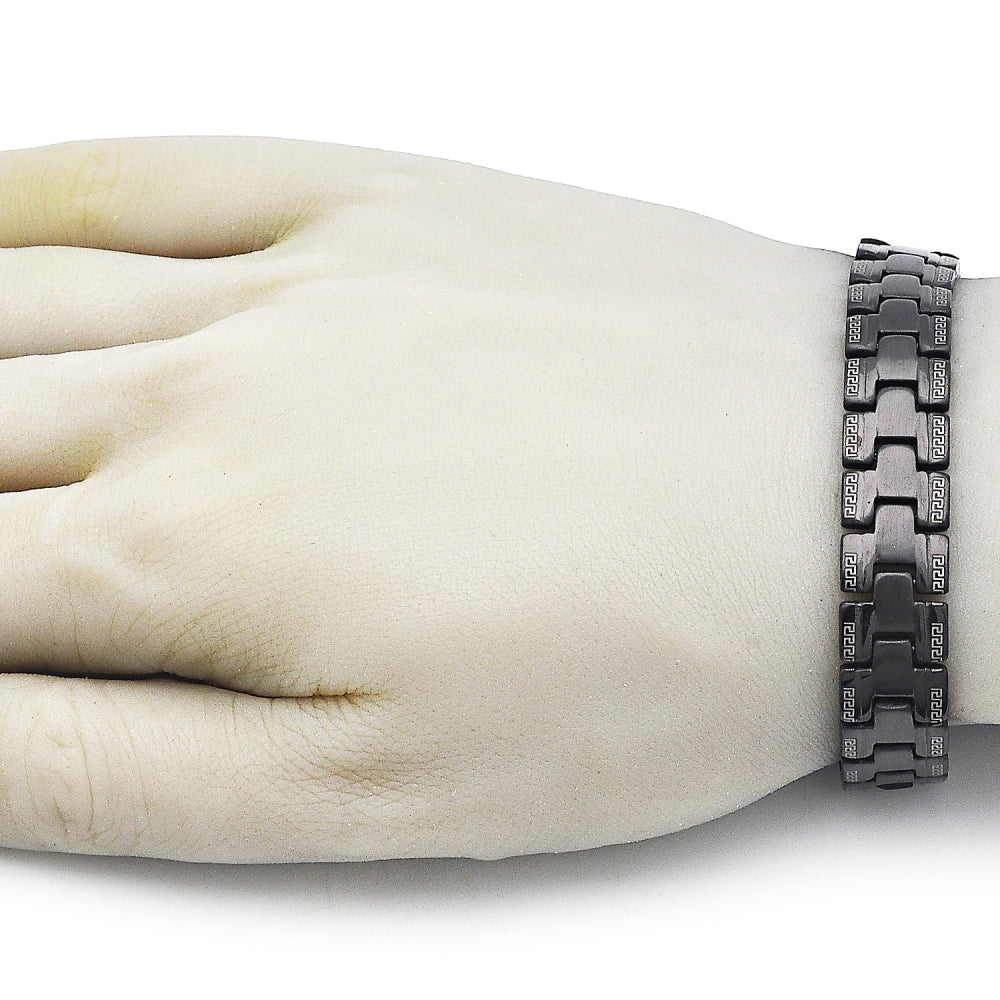 Stainless Steel Solid Bracelet, Greek Key Design, Polished, Black Rhodium Finish