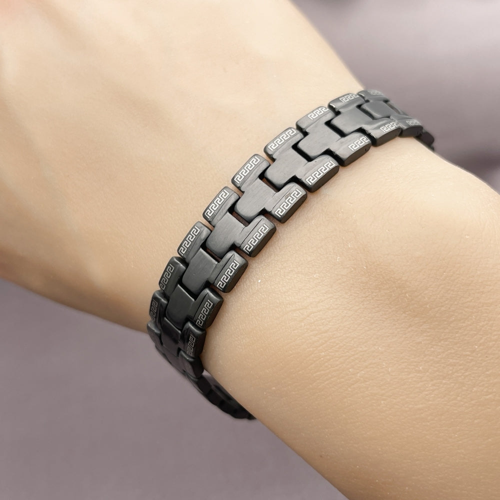 Stainless Steel Solid Bracelet, Greek Key Design, Polished, Black Rhodium Finish