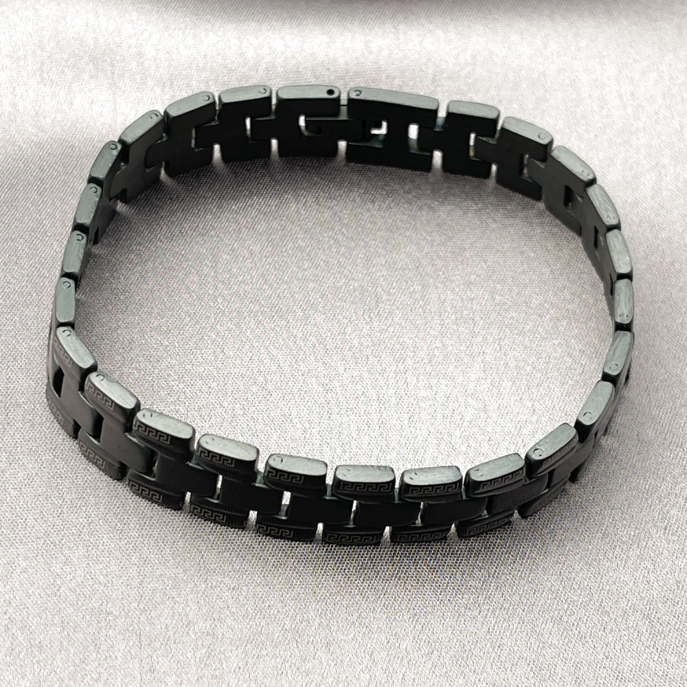 Stainless Steel Solid Bracelet, Greek Key Design, Polished, Black Rhodium Finish