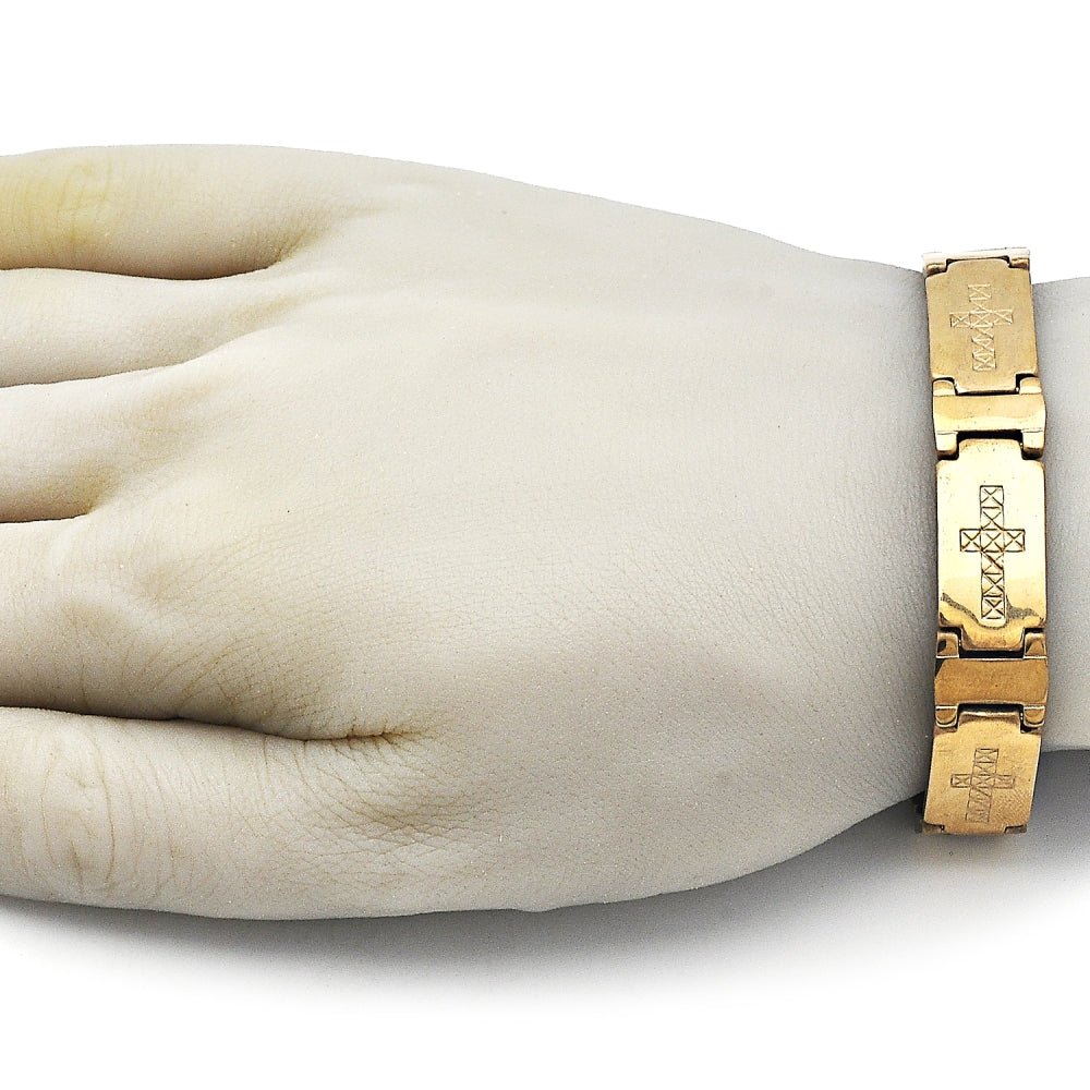 Stainless Steel Solid Bracelet, Cross Design, Polished, Golden Finish