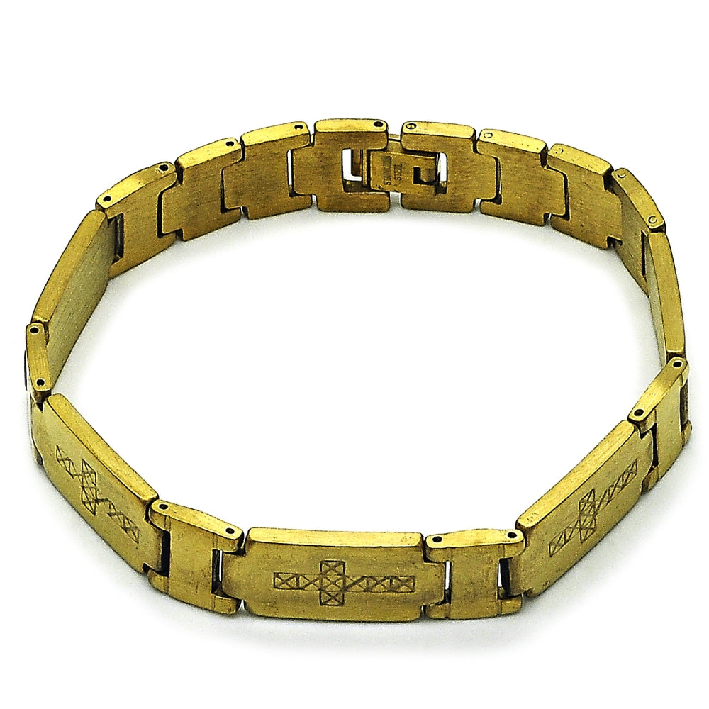 Stainless Steel Solid Bracelet, Cross Design, Polished, Golden Finish
