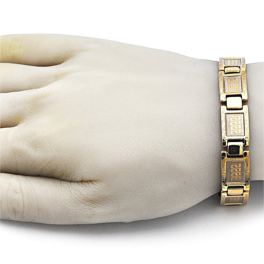 Stainless Steel Solid Bracelet, Greek Key Design, Polished, Golden Finish