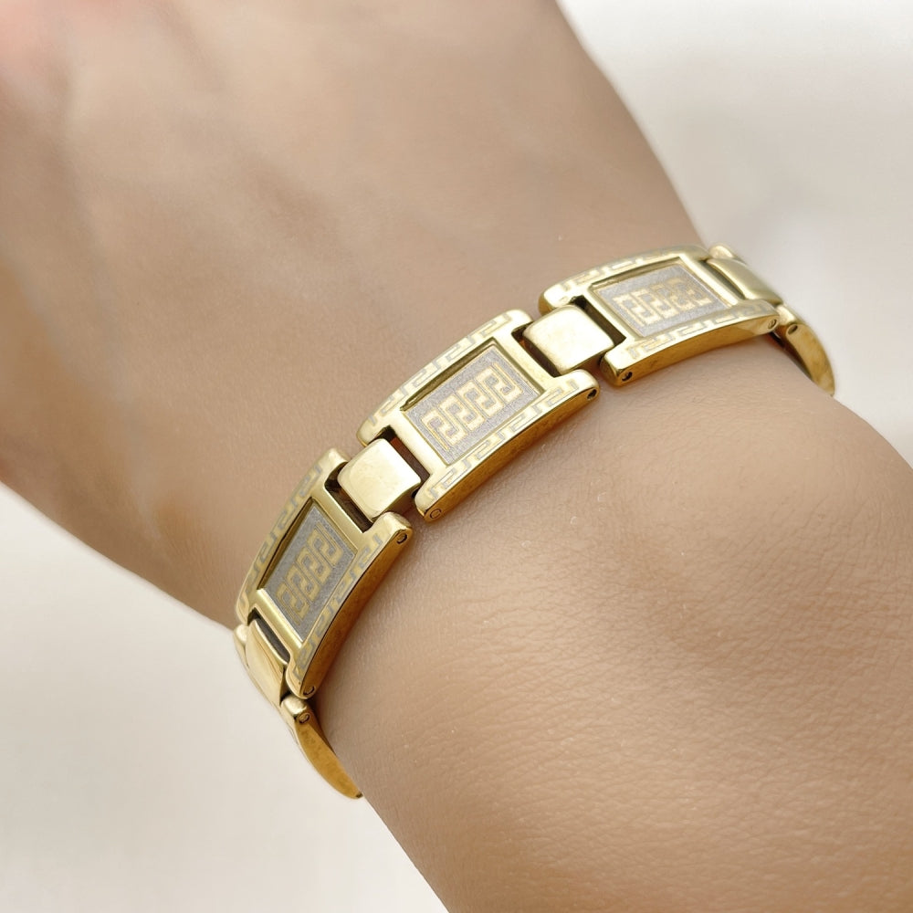 Stainless Steel Solid Bracelet, Greek Key Design, Polished, Golden Finish