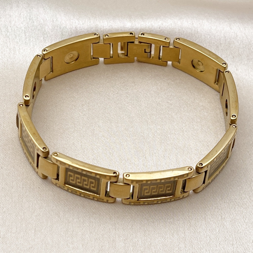 Stainless Steel Solid Bracelet, Greek Key Design, Polished, Golden Finish