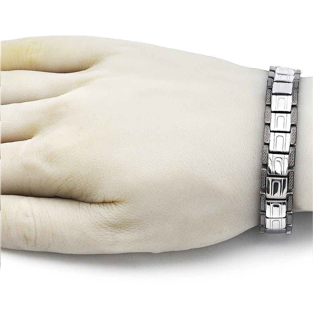 Stainless Steel Solid Bracelet, Greek Key Design, Polished, Two Tone