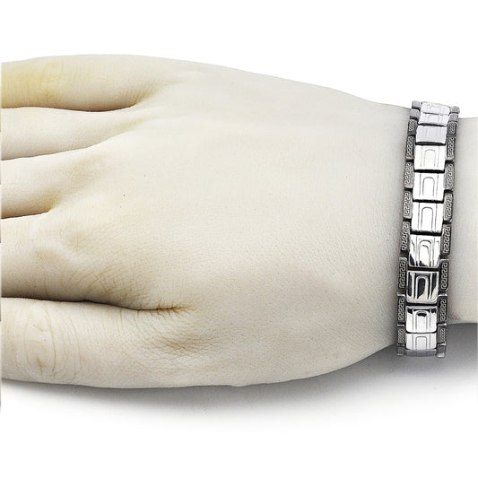 Stainless Steel Solid Bracelet, Greek Key Design, Polished, Two Tone