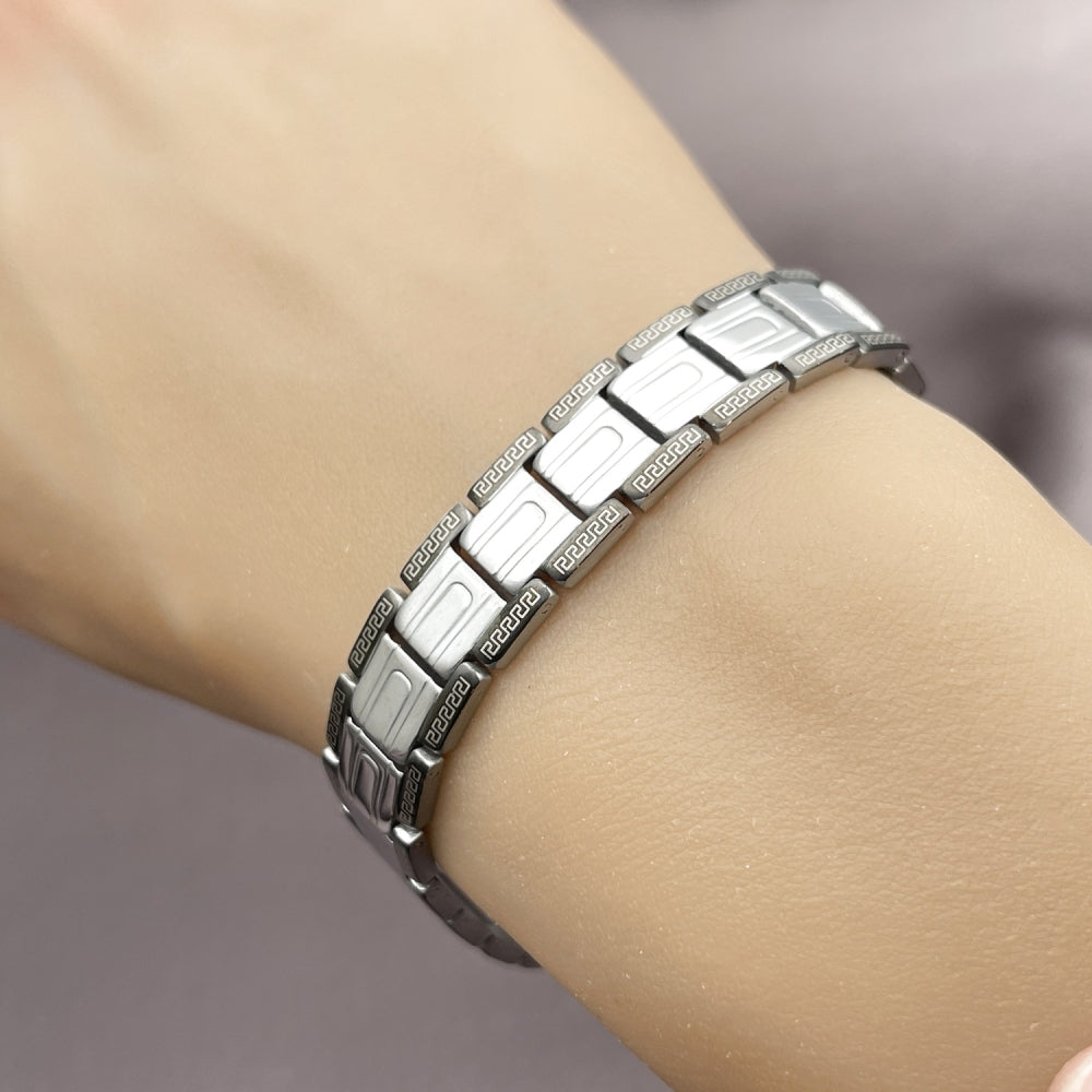 Stainless Steel Solid Bracelet, Greek Key Design, Polished, Two Tone