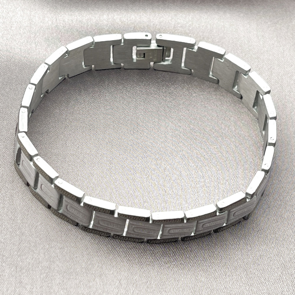 Stainless Steel Solid Bracelet, Greek Key Design, Polished, Two Tone