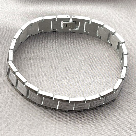 Stainless Steel Solid Bracelet, Greek Key Design, Polished, Two Tone