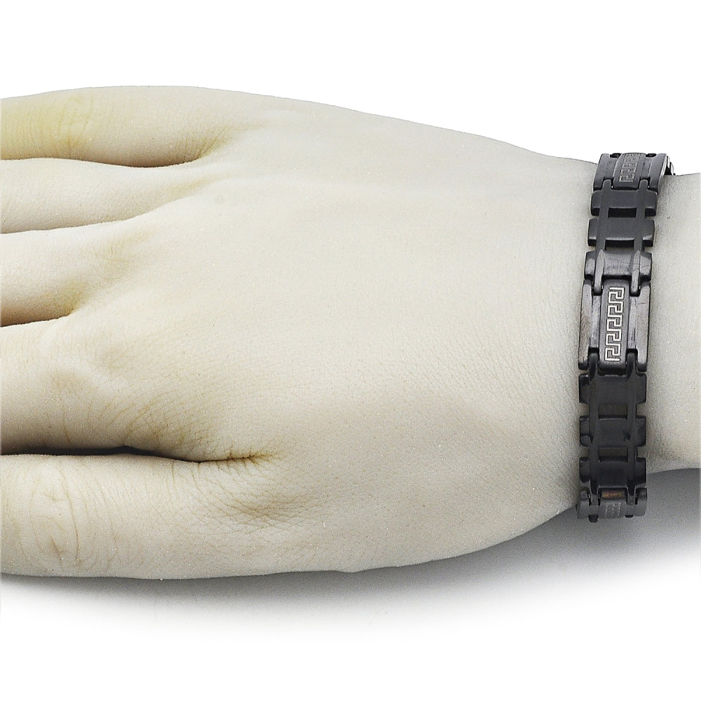 Stainless Steel Solid Bracelet, Greek Key Design, Polished, Black Rhodium Finish