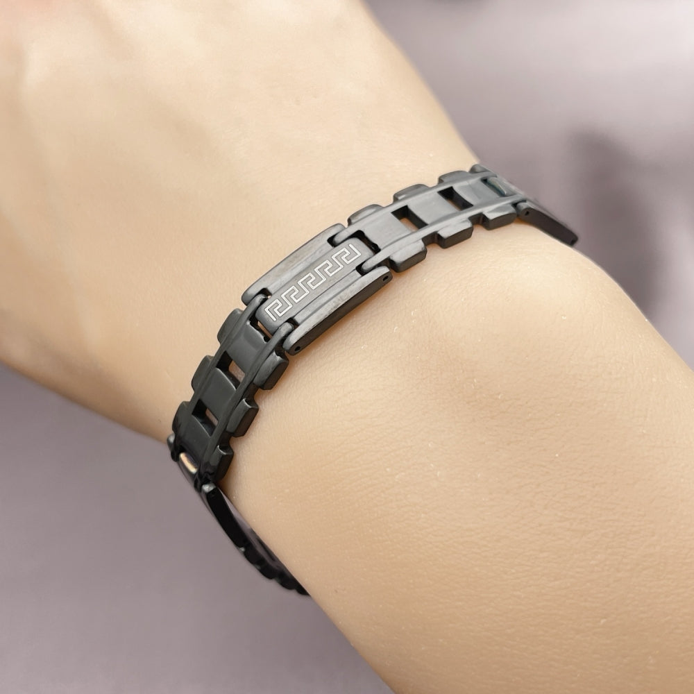 Stainless Steel Solid Bracelet, Greek Key Design, Polished, Black Rhodium Finish