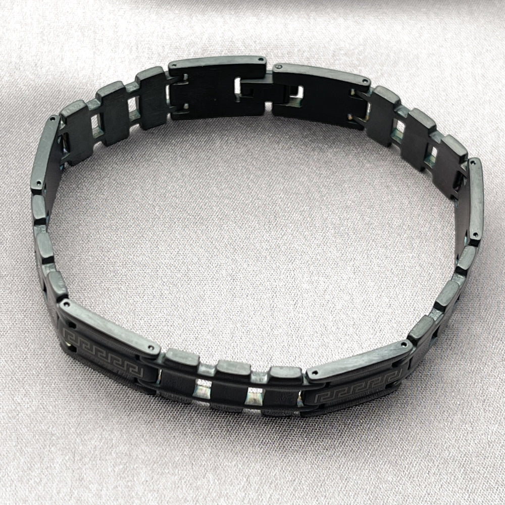 Stainless Steel Solid Bracelet, Greek Key Design, Polished, Black Rhodium Finish