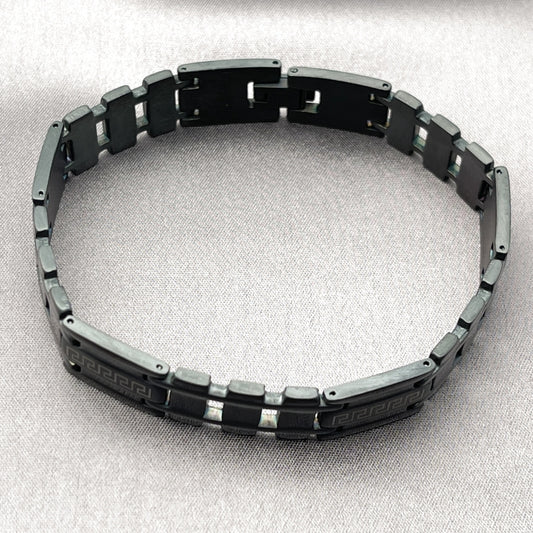 Stainless Steel Solid Bracelet, Greek Key Design, Polished, Black Rhodium Finish