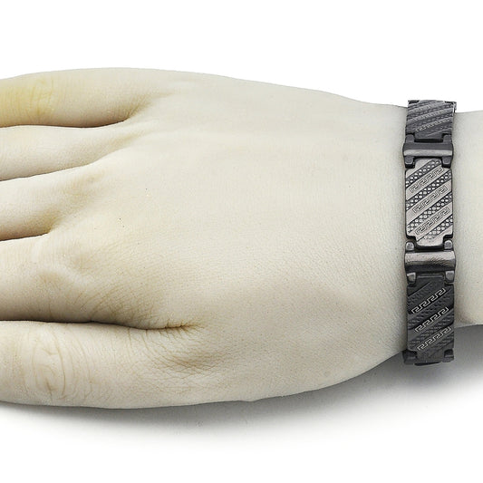 Stainless Steel Solid Bracelet, Greek Key Design, Polished, Black Rhodium Finish