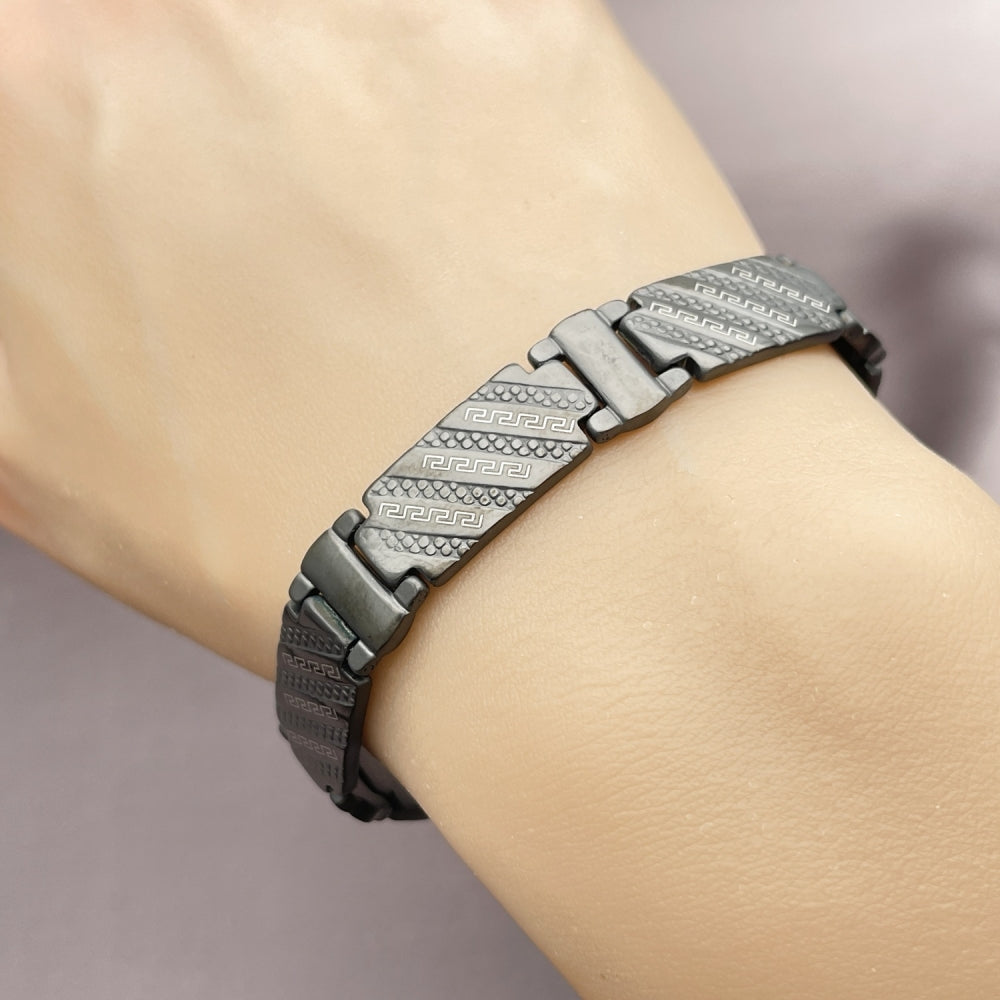 Stainless Steel Solid Bracelet, Greek Key Design, Polished, Black Rhodium Finish